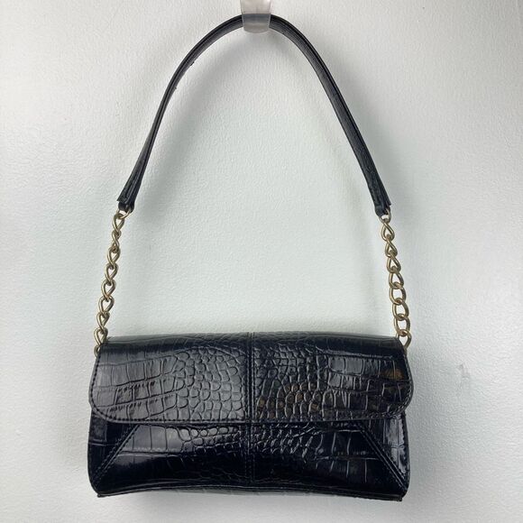 Vintage Y2K Mini Satchel Shoulder Bag Black Alligator Print Brass Chain Vegan - Picture 1 of 11